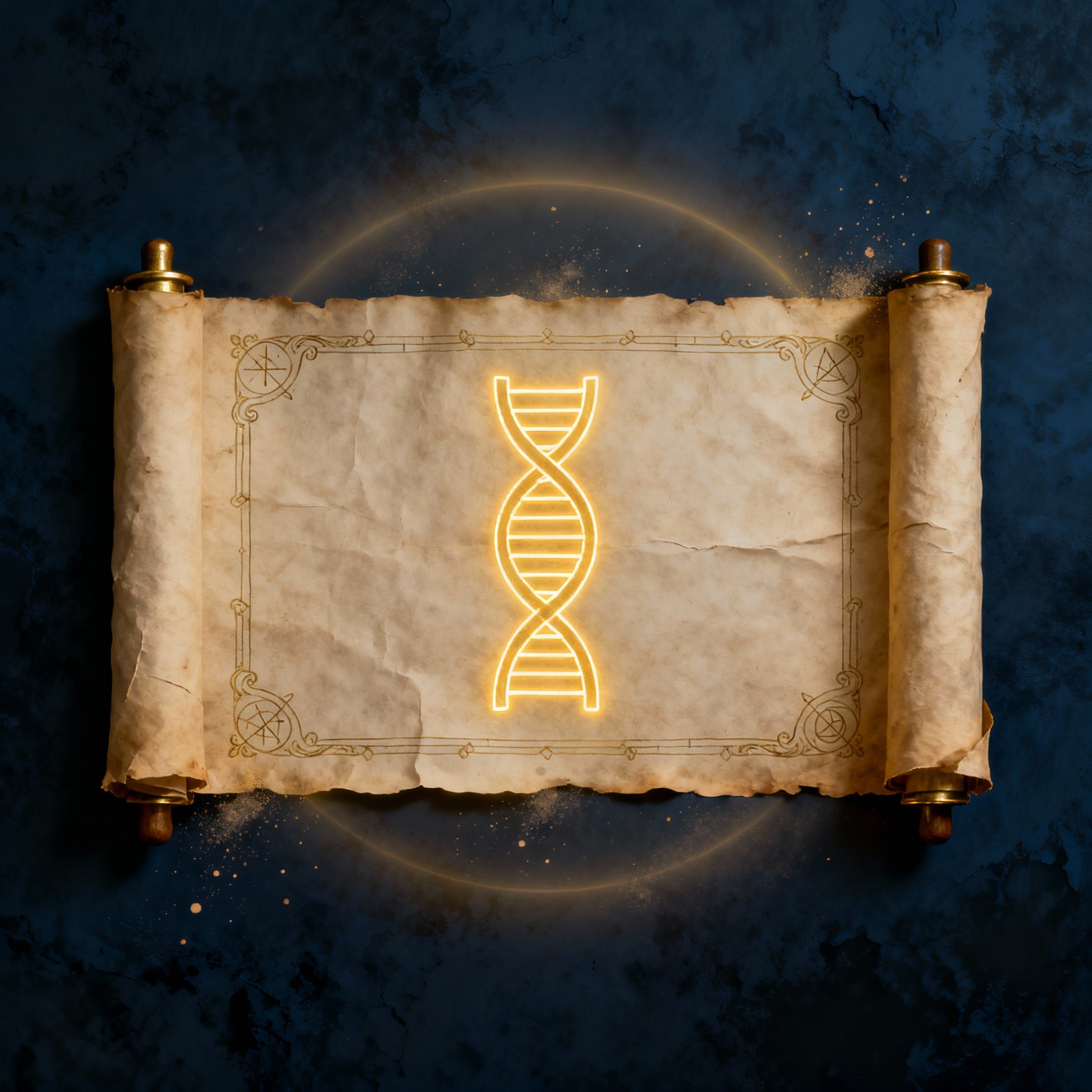 Golden scroll with DNA helix icon, representing the history of turmeric.