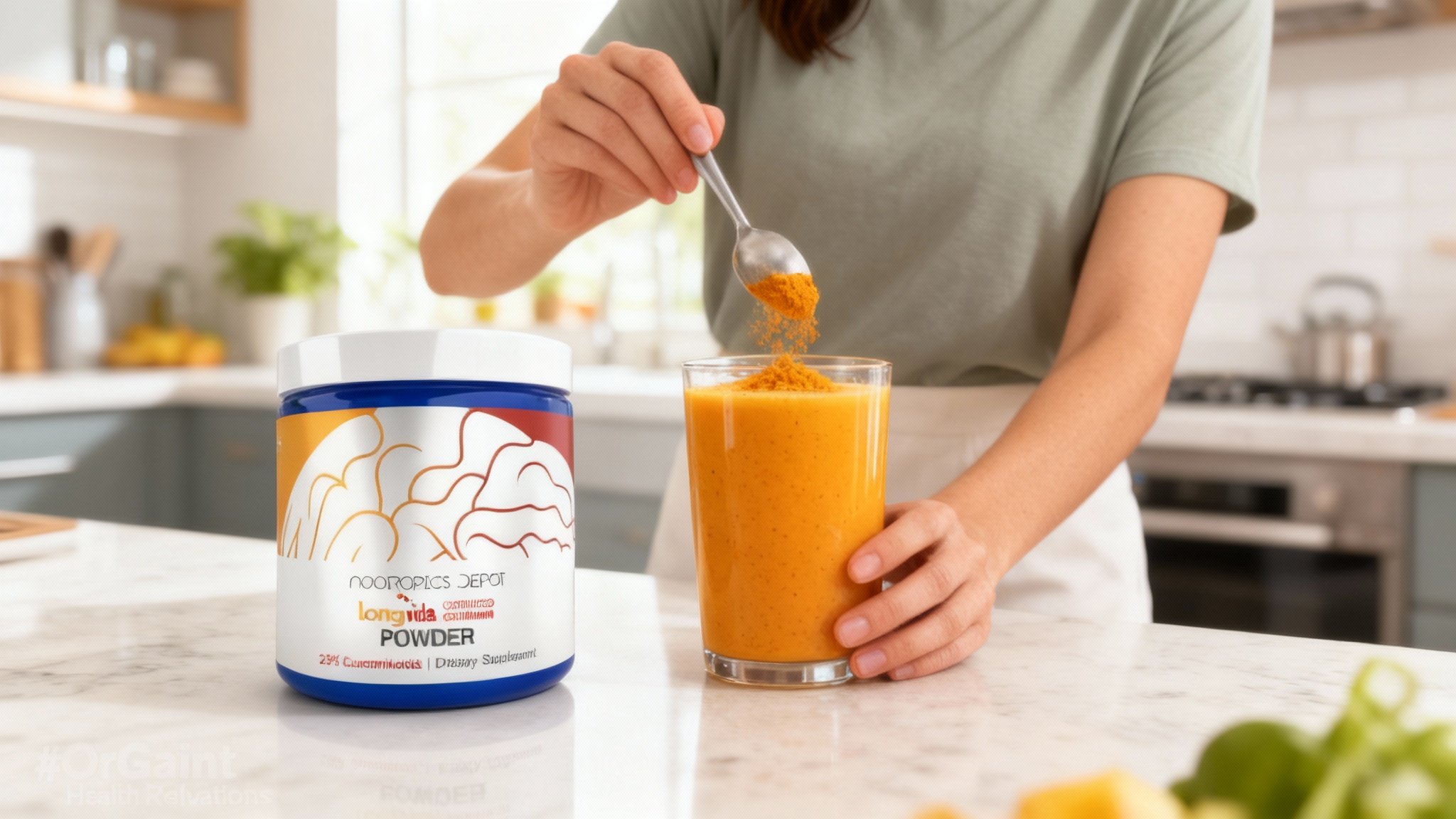 A person mixing Longvida curcumin powder into a healthy morning smoothie, with the Nootropics Depot product jar visible, for optimal cognitive enhancement