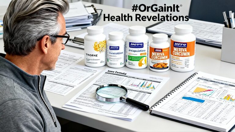 Author Robert Martin Lees conducting a detailed review of Meriva Curcumin supplements, with product bottles, lab reports, and analysis notes meticulously organized on his desk to find the best option for consumers.