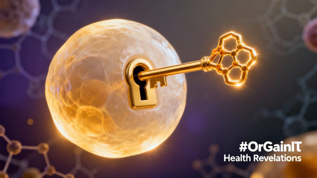A golden key shaped like a curcumin molecule unlocking a glowing cell, symbolizing Curcuwin's bioavailability benefits.