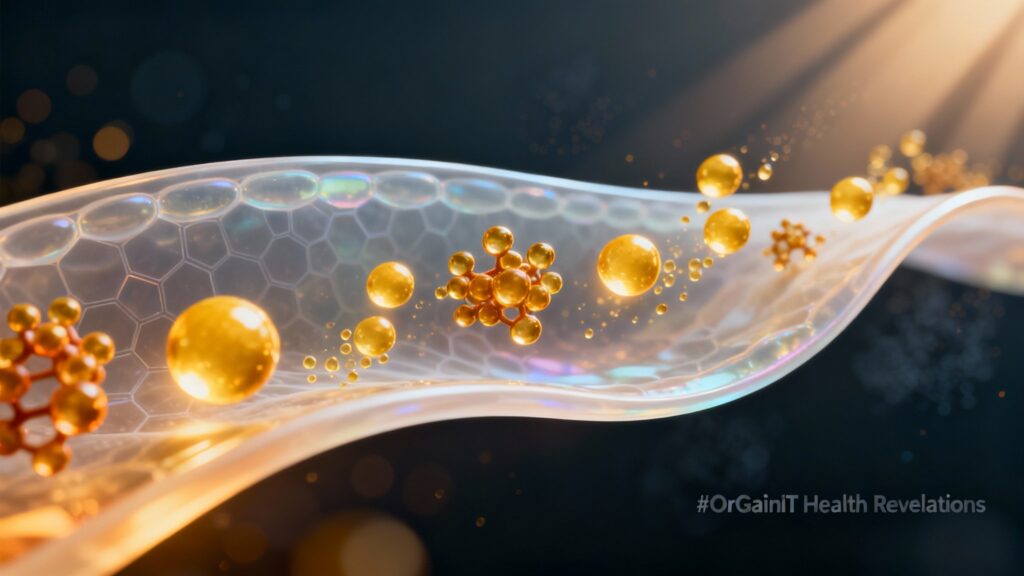 Conceptual image showing curcumin molecules crossing a membrane to illustrate improved absorption