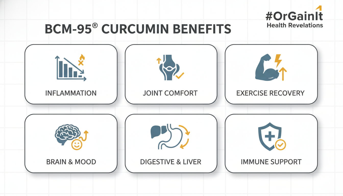 Clinical infographic summarizing evidence-backed benefits of BCM-95 curcumin including inflammation, joint comfort, exercise recovery, brain and mood, digestive and immune support. Branded #OrGainIt Health Revelations.