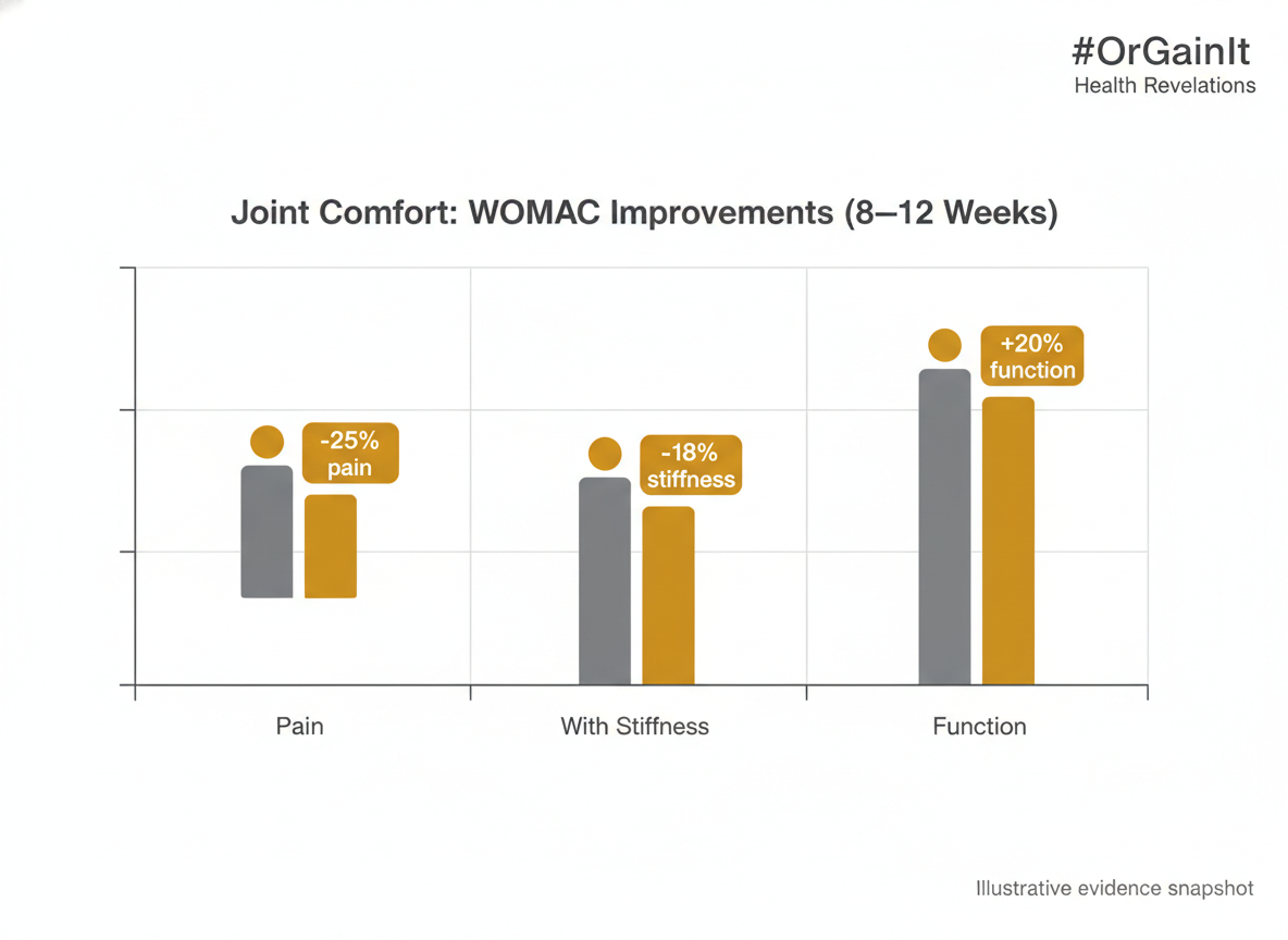 Chart illustrating WOMAC pain and stiffness reductions and function gains over 8–12 weeks with BCM-95 curcumin. Branded #OrGainIt Health Revelations.