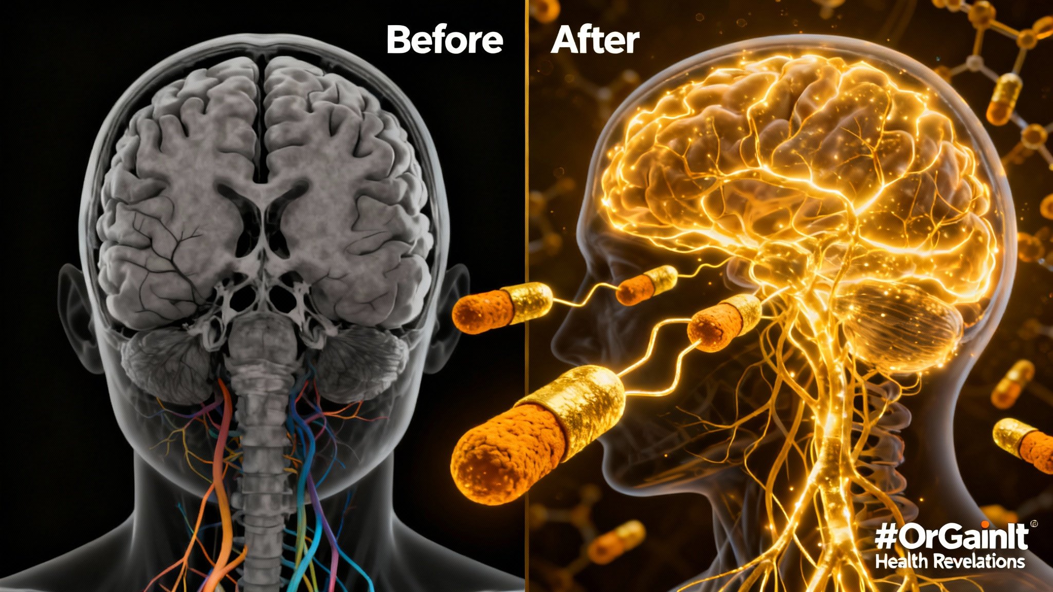 A scientific visualization showing a before and after of Longvida Curcumin crossing the blood-brain barrier to enhance neural connectivity and brain activity.
