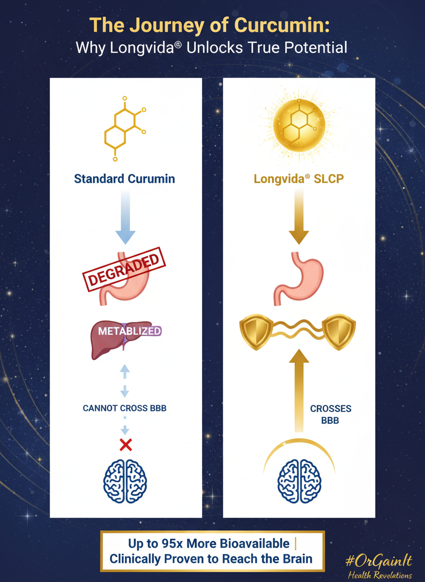 Infographic demonstrating the scientific advantage of Longvida Curcumin, showing how its SLCP technology bypasses the liver to deliver free curcumin across the blood-brain barrier, unlike standard curcumin.