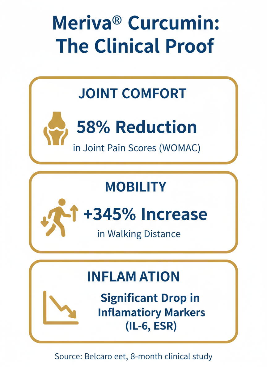 Infographic summarizing the clinically proven benefits of Meriva Curcumin, showing a 58% reduction in joint pain, a 345% increase in mobility, and significant drops in key inflammatory markers based on human studies.