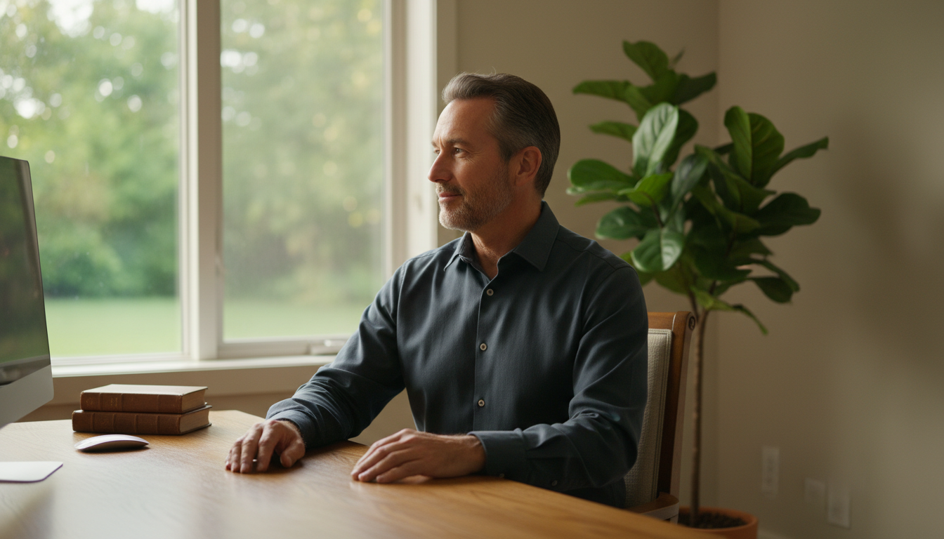 A focused and serene man in his 50s working at a sunlit desk, looking clear-headed and calm, representing the mental clarity and cognitive support benefits of Meriva Curcumin.