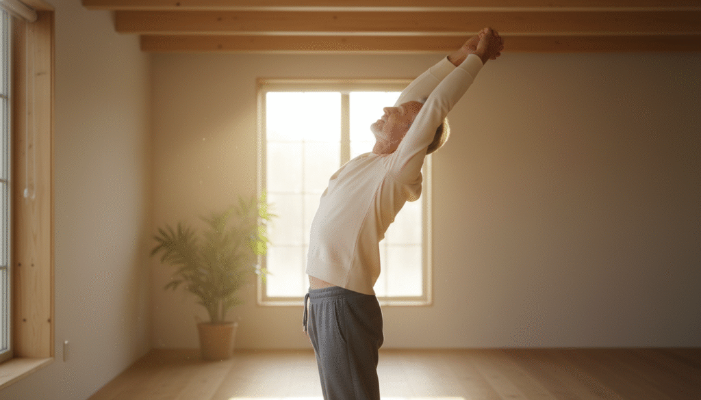 A man in his late 50s with a look of peaceful relief, stretching comfortably in a sunlit room, demonstrating the joint comfort and mobility benefits of bioavailable Meriva Curcumin.