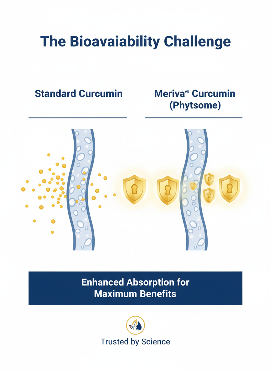 Infographic comparing the poor absorption of standard curcumin, which is blocked by the intestinal wall, to the superior bioavailability of Meriva Curcumin, which uses a phytosome 'key' to unlock absorption.