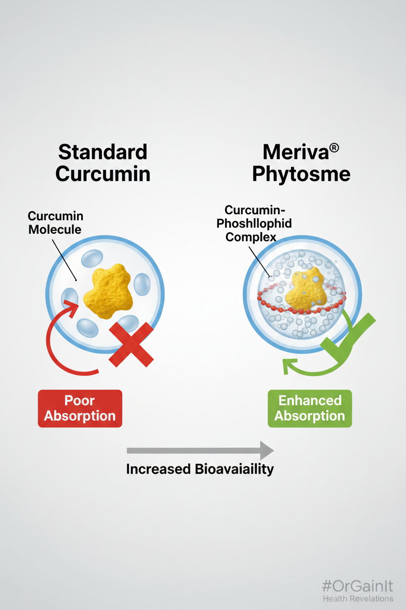 An infographic comparing the bioavailability of standard curcumin, which shows poor absorption at the cellular level, versus Meriva® Phytosome, which uses a phospholipid sphere to enhance absorption and deliver curcumin effectively into the cell.