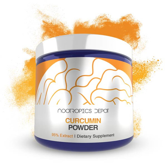 Nootropics Depot 95% Curcumin Extract Powder in a measuring spoon, showing the standardized clinical-grade turmeric extract used for precise dosing in smoothies and supplements