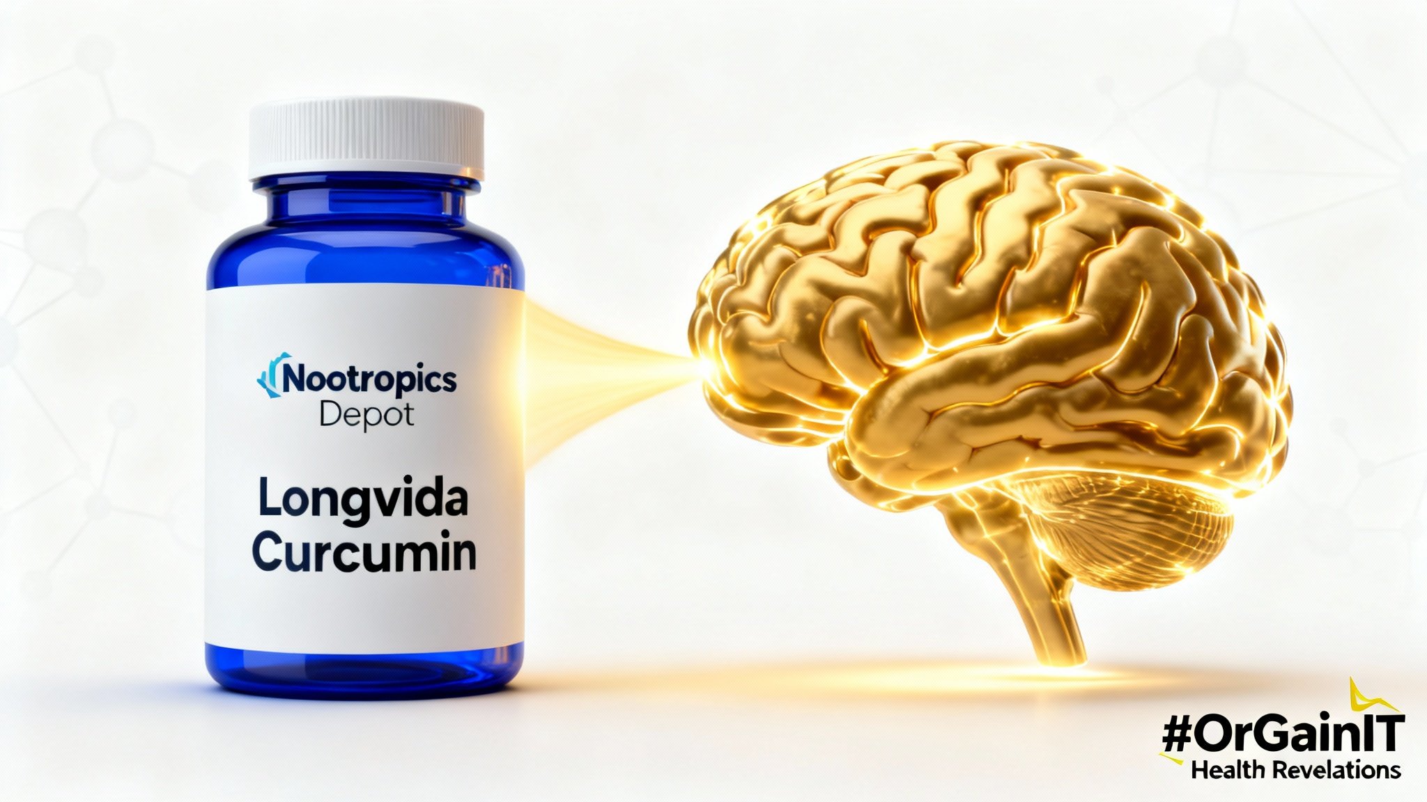 A bottle of Nootropics Depot Longvida Curcumin next to a glowing golden brain, symbolizing its benefits for cognitive enhancement and brain health.