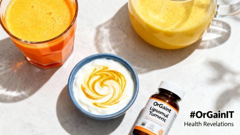 healthy morning ritual featuring a smoothie and yogurt with a golden swirl of liposomal turmeric, illustrating how to use the supplement daily. #OrGainIt Health Revelations.