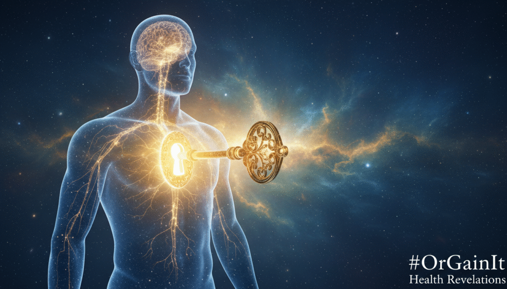A luminous golden key unlocking the brain and nervous system of a human silhouette, symbolizing how Longvida Curcumin provides the key to cognitive health and full-body potential.