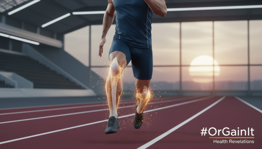 A male athlete running on a track, with a golden glow on his leg muscles representing the accelerated recovery benefits of Curcuwin for athletes.