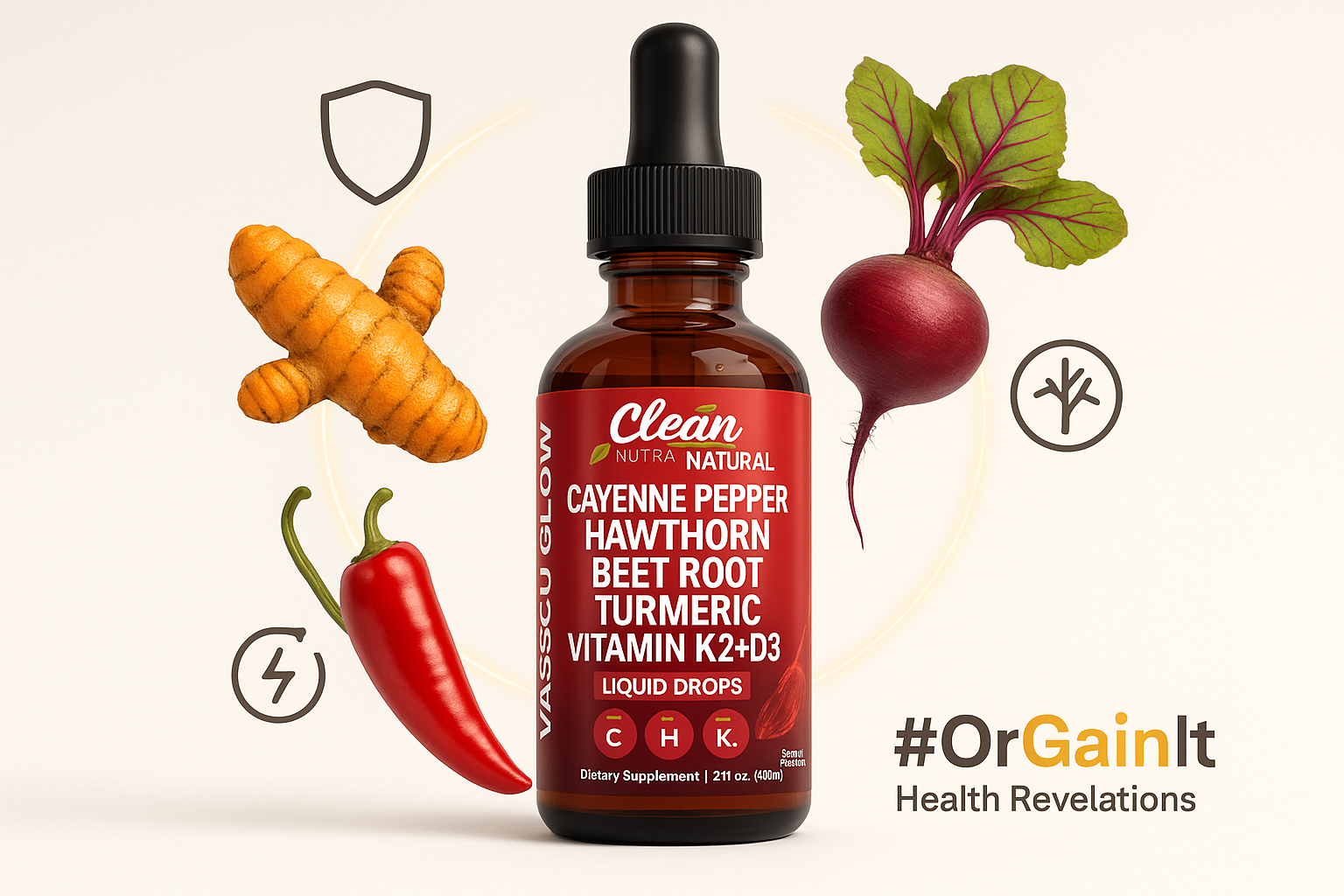 A diagram illustrating the primary benefits of Clean Nutra Vascu Flow, showing icons for improved circulation, inflammation response, and energy levels branching from the product bottle and its key ingredients.