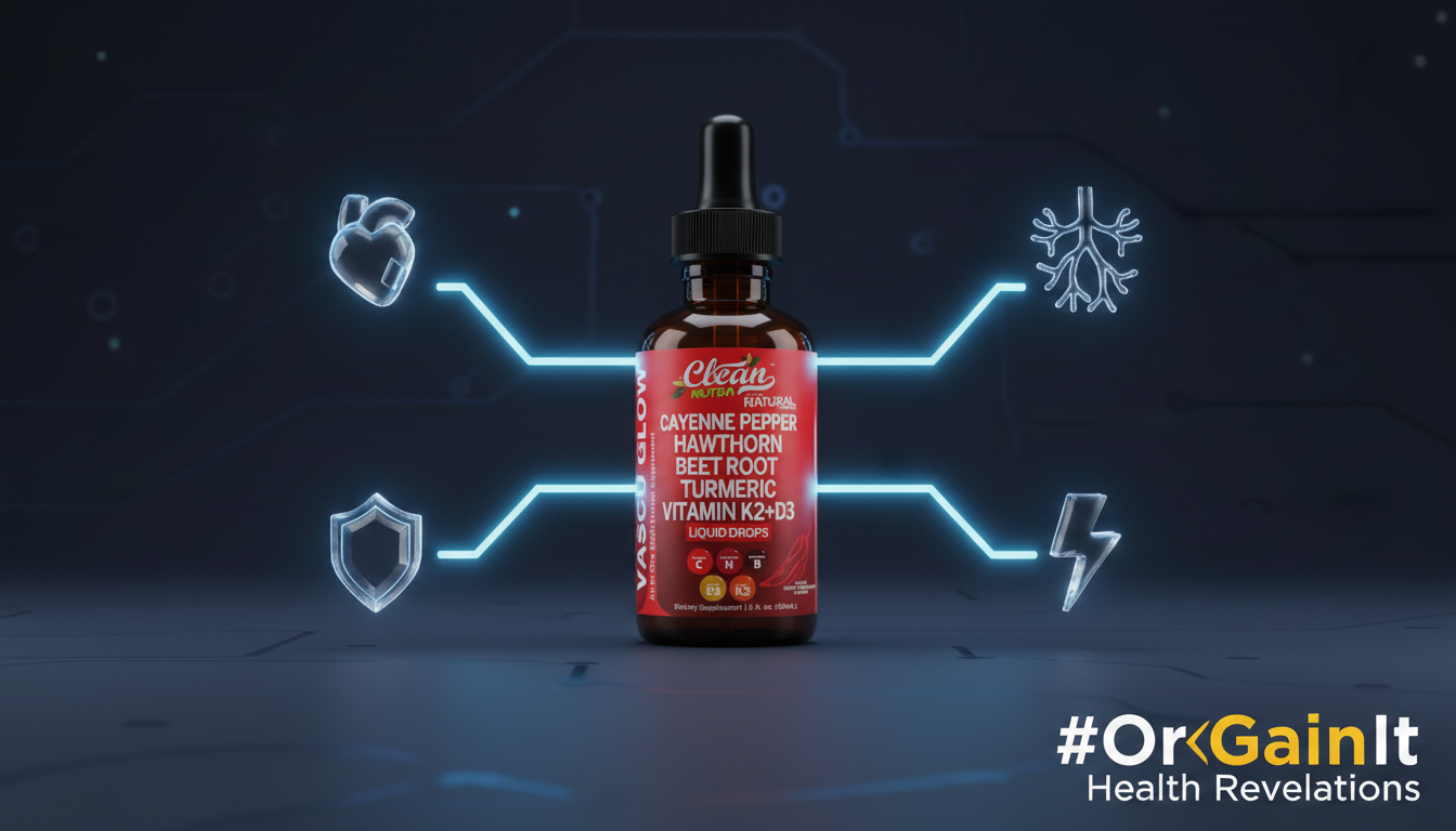 A diagram illustrating the four primary features of Clean Nutra Vascu Flow, showing icons for cardiovascular support, improved circulation, inflammation response, and energy branching from the product bottle.