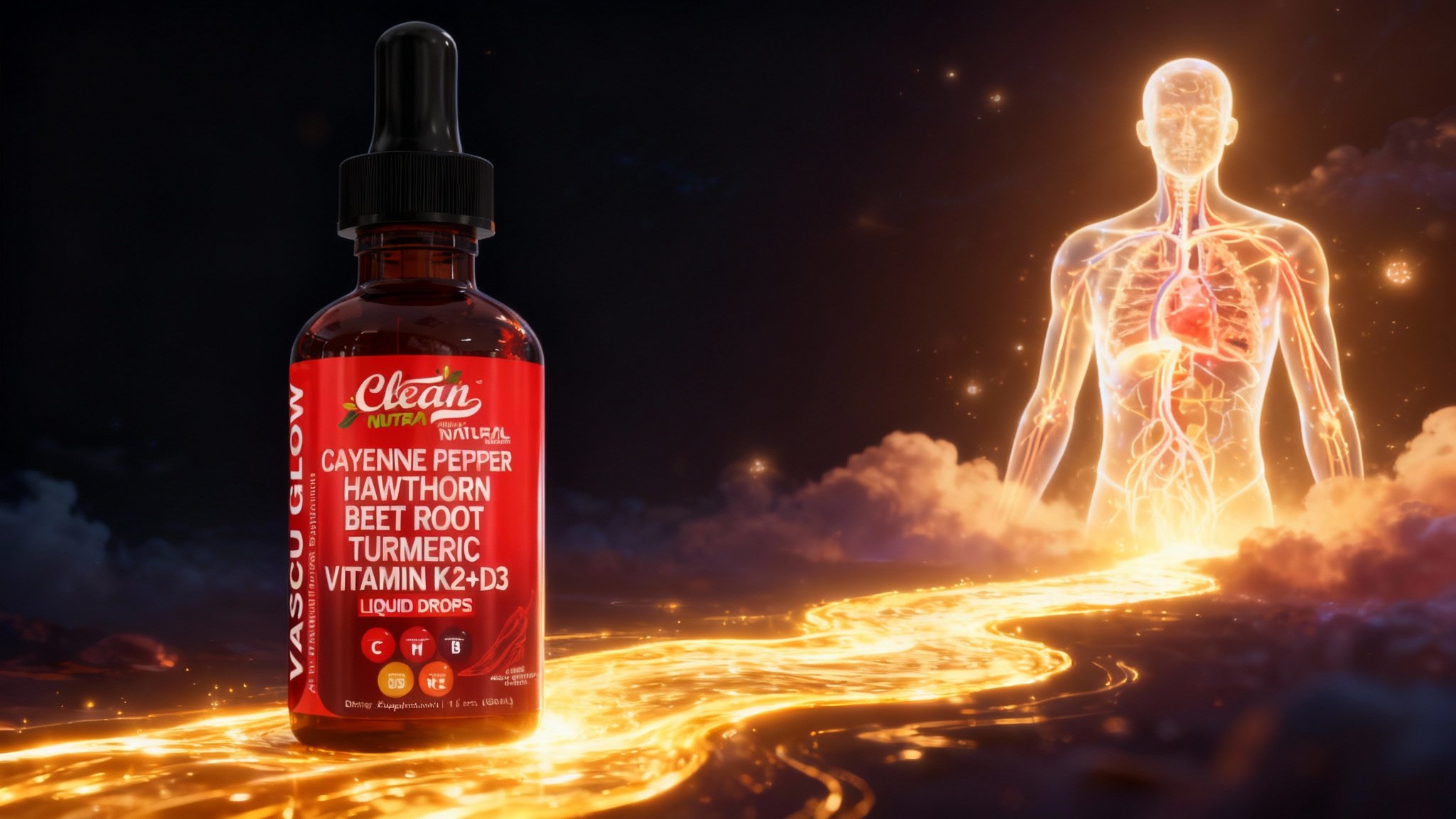A bottle of Clean Nutra Vascu Flow drops creating a glowing golden river of light, illustrating its powerful support for the human circulatory system and overall vitality.