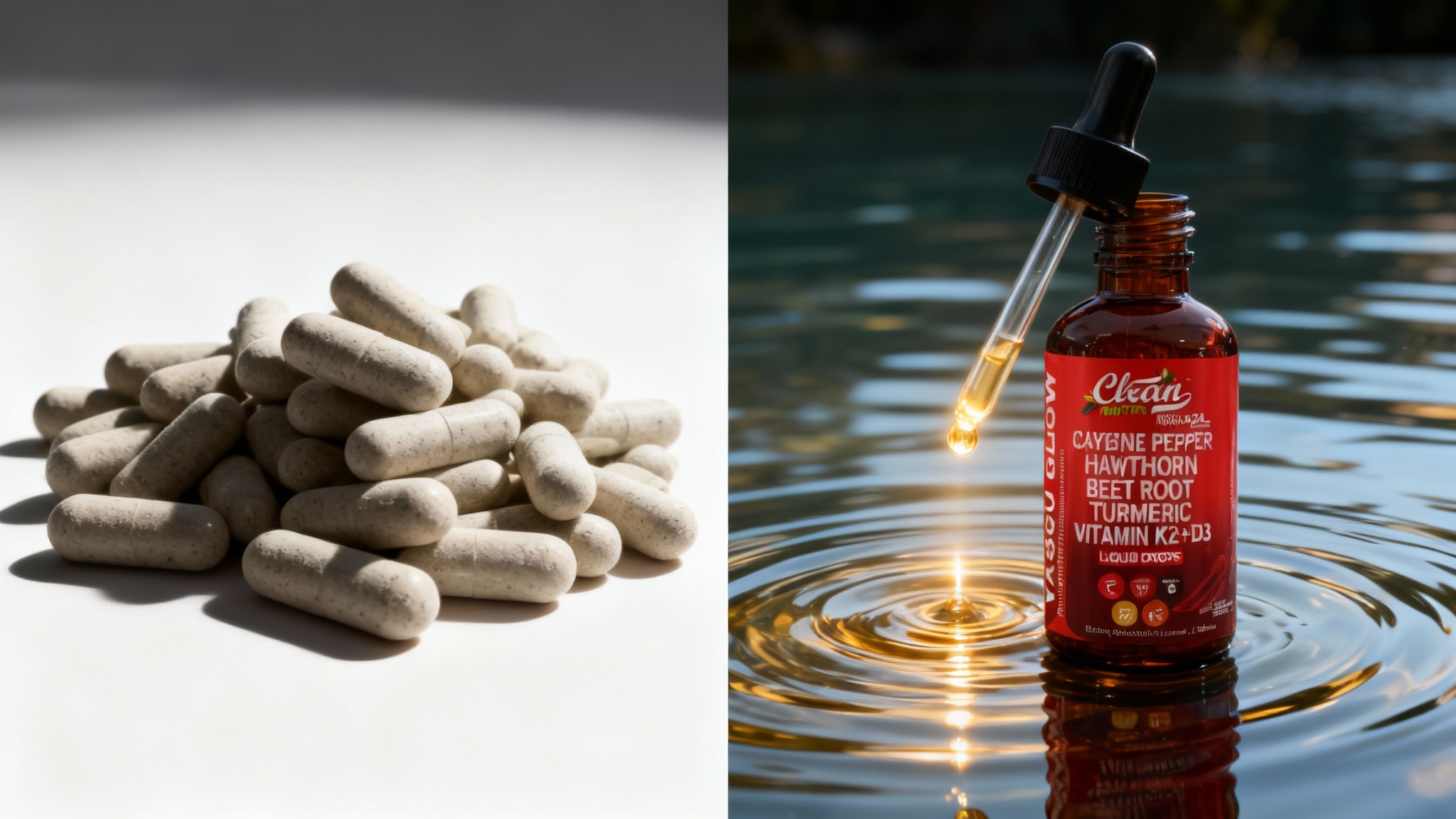 A direct comparison showing the purity of Clean Nutra Vascu Flow drops versus generic capsules, highlighting the liquid alternative for potentially better absorption.