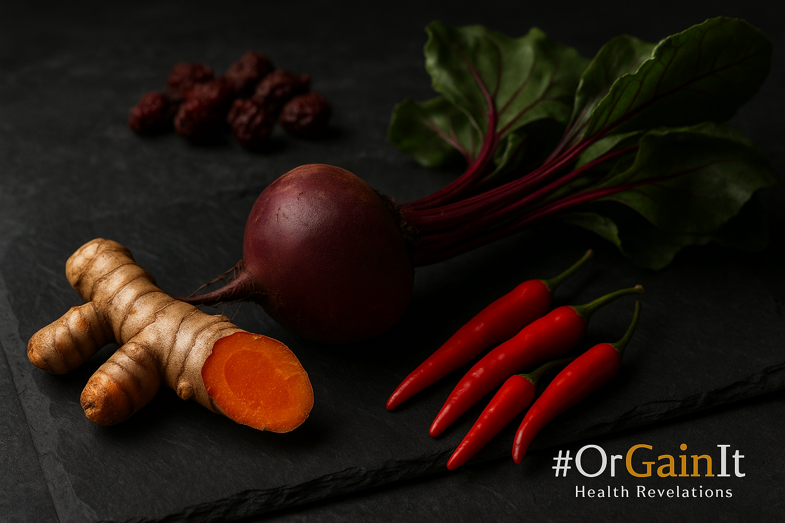 A high-resolution image showcasing the raw, herbal ingredients in Clean Nutra Vascu Flow, including turmeric root, beet, cayenne pepper, and hawthorn berries on a dark slate background.