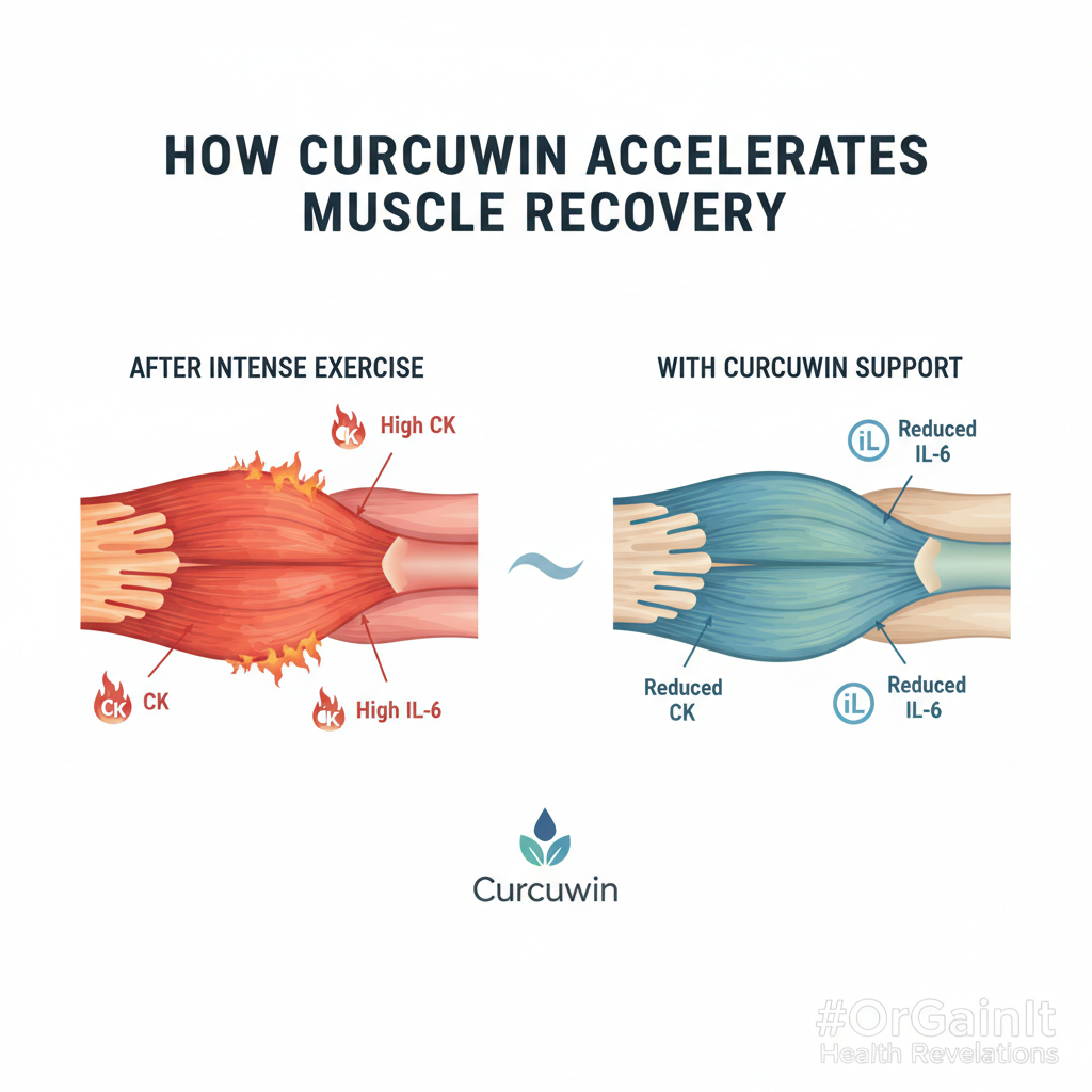 An infographic explaining how Curcuwin accelerates muscle recovery by reducing inflammatory markers like creatine kinase (CK) and IL-6 after intense exercise.