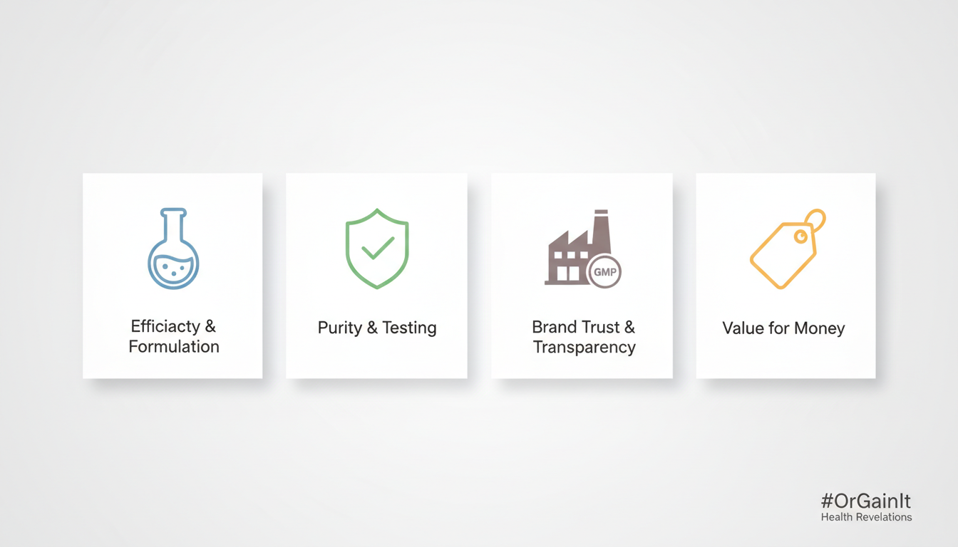 A graphic showing the four criteria used to rate Curcuwin supplements: Efficacy, Purity, Brand Trust, and Value.