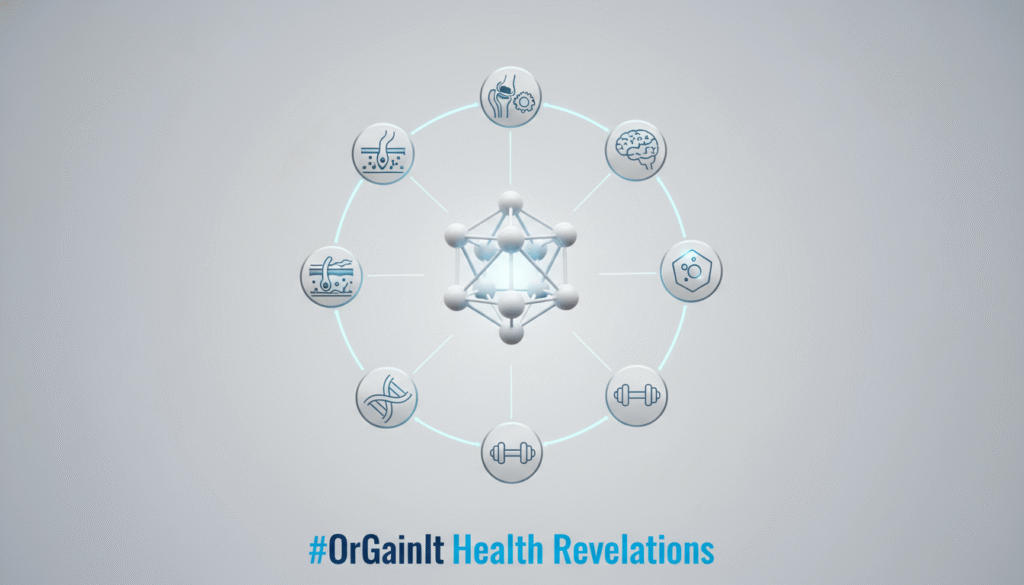 A conceptual image illustrating the core CuroWhite curcumin benefits, showing a central molecule connecting to icons for joints, brain, gut, skin, and recovery.