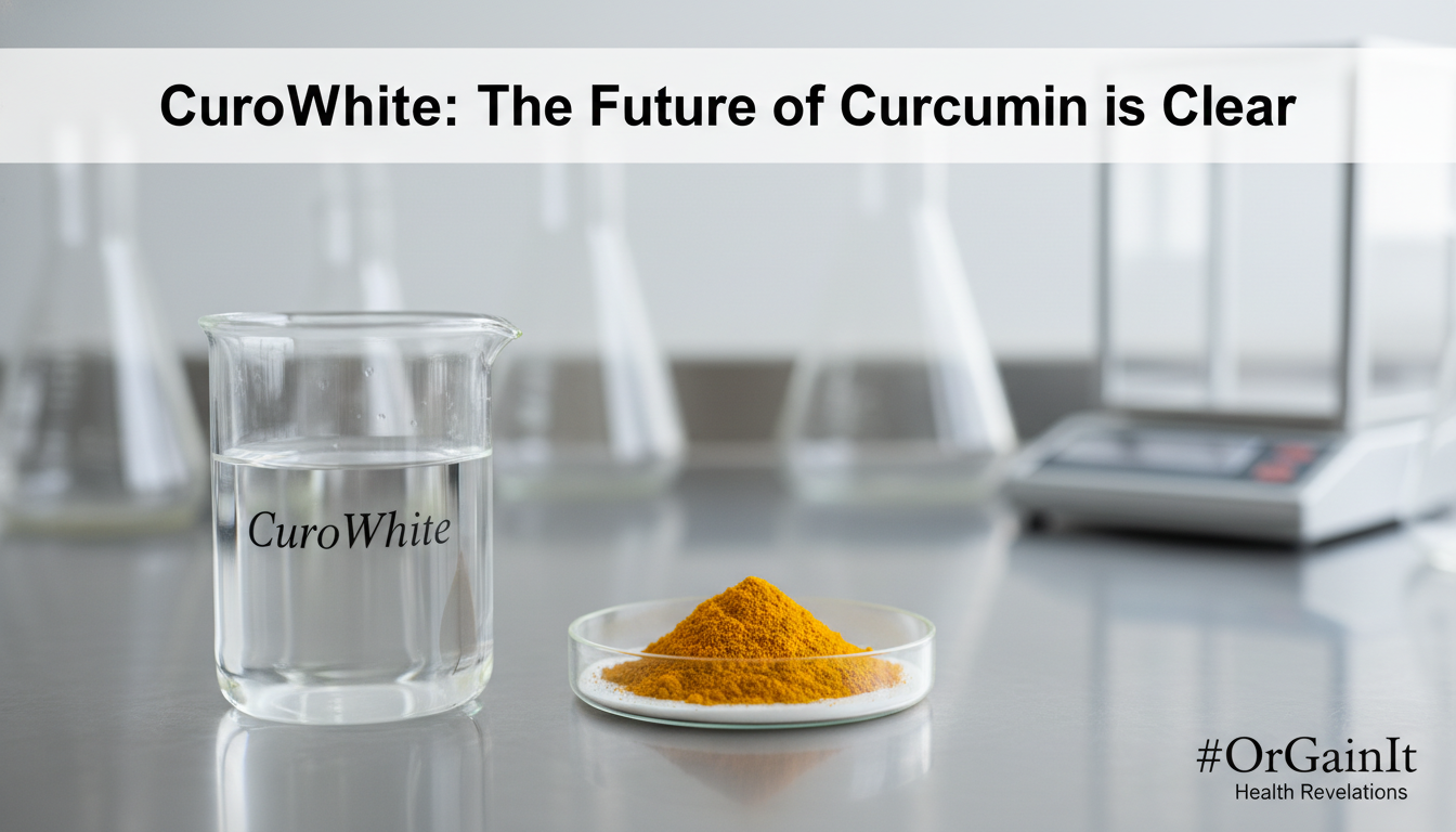 A beaker of clear CuroWhite curcumin liquid next to a pile of yellow turmeric powder, illustrating its non-staining properties.