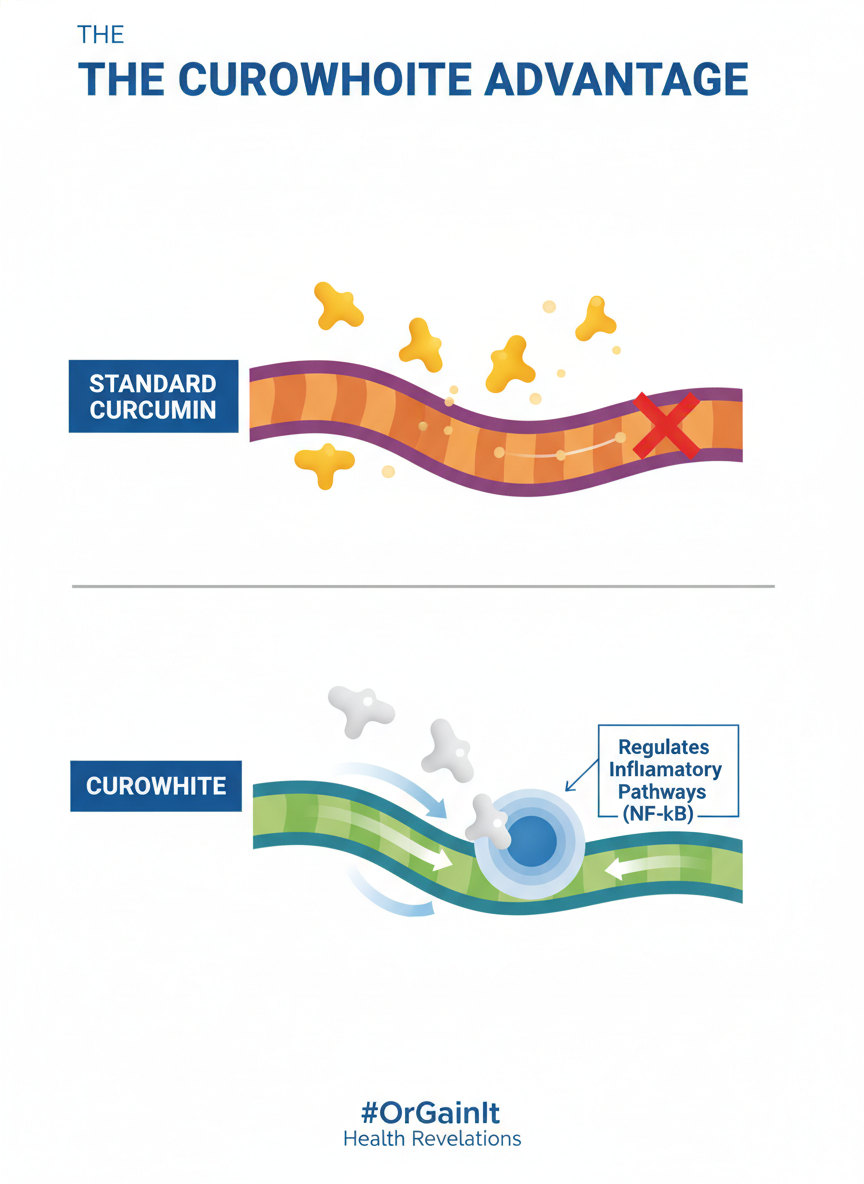 Infographic comparing standard curcumin, which has poor absorption, to CuroWhite curcumin, which has superior bioavailability and helps regulate inflammatory pathways like NF-kB.