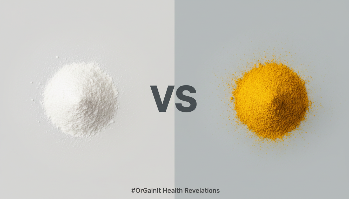 A powerful comparison image showing a pile of white CuroWhite powder versus a pile of yellow standard curcumin powder, representing the core difference in purity and form between the two.