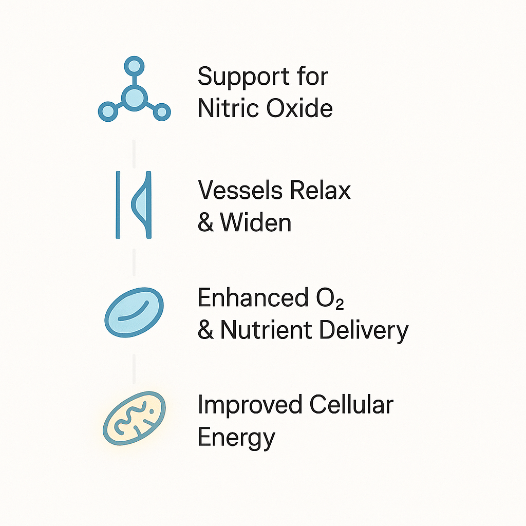 An infographic explaining how Clean Nutra Vascu Flow supports energy levels, detailing the four-step process from nitric oxide support to enhanced cellular energy production.