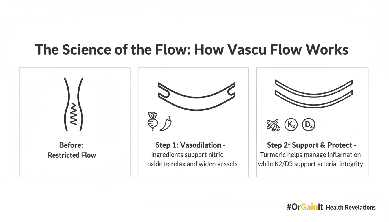 An infographic explaining the science of how Clean Nutra Vascu Flow works, detailing its two-step process of vasodilation and support for arterial integrity.