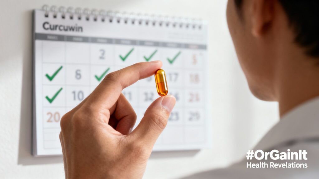 A hand holding a Curcuwin capsule in front of a calendar, illustrating the importance of consistent daily use.