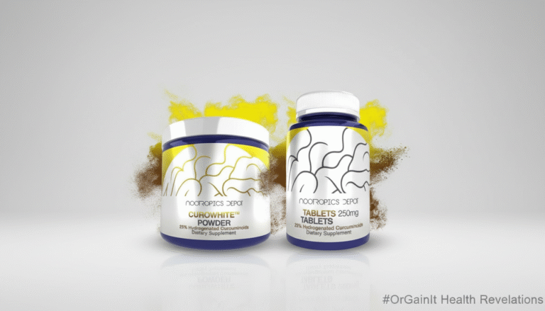 A bottle of Nootropics Depot CuroWhite tablets and a tub of CuroWhite powder side-by-side, representing the products featured in this in-depth review