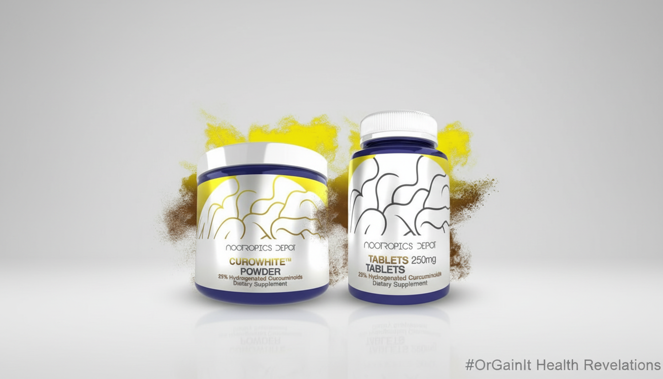 A bottle of Nootropics Depot CuroWhite tablets and a tub of CuroWhite powder side-by-side, representing the products featured in this in-depth review.