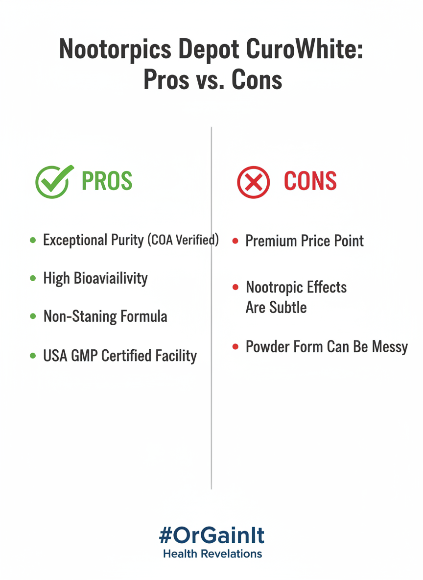 Infographic detailing the pros and cons of Nootropics Depot CuroWhite, covering its verified purity, high bioavailability, non-staining formula, and premium price point.