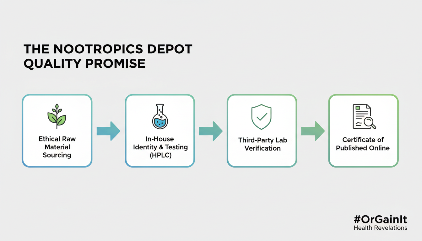 A flowchart illustrating the Nootropics Depot quality control promise, showing the process from raw material sourcing to in-house HPLC testing, third-party verification, and publishing the Certificate of Analysis (COA).