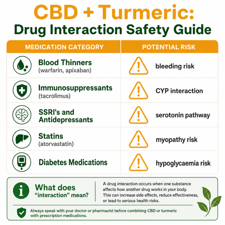 CBD and turmeric drug interaction safety infographic — CYP450 enzyme interactions with blood thinners, SSRIs, statins, immunosuppressants and diabetes medications