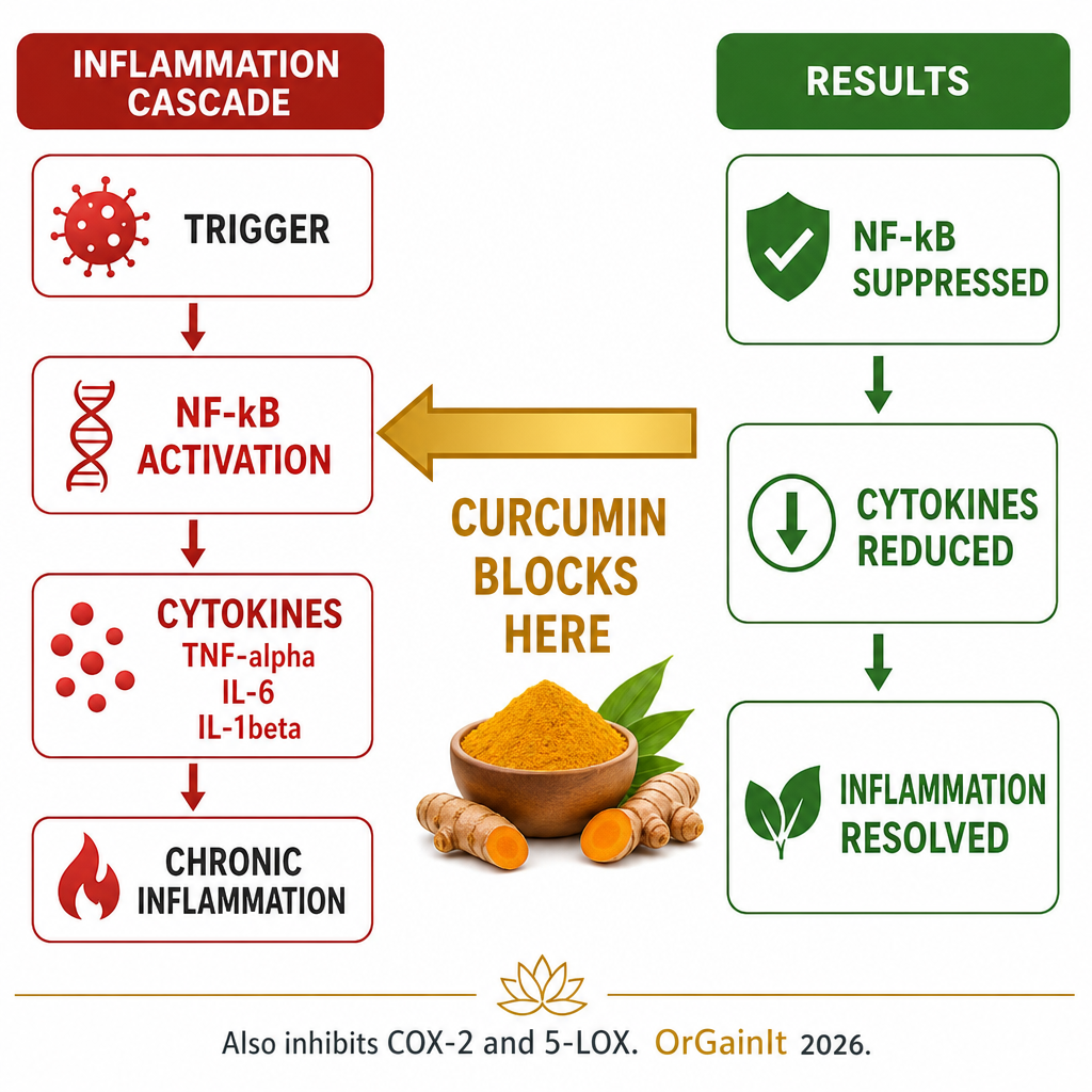 How curcumin fights inflammation — NF-kB pathway infographic showing curcumin blocking cytokine cascade including TNF-alpha IL-6 IL-1beta and COX-2