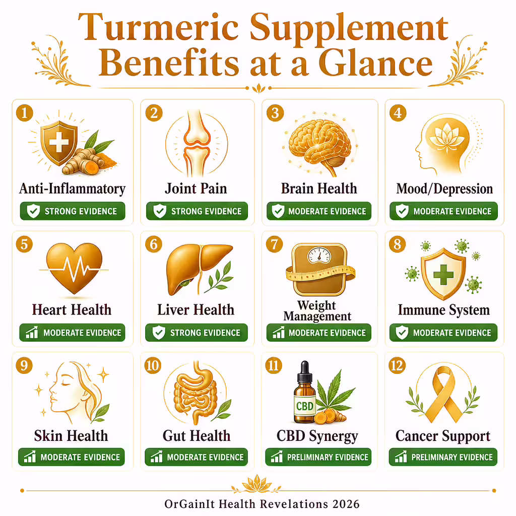 Turmeric supplement benefits at a glance — 12 evidence-backed health applications 2026 infographic