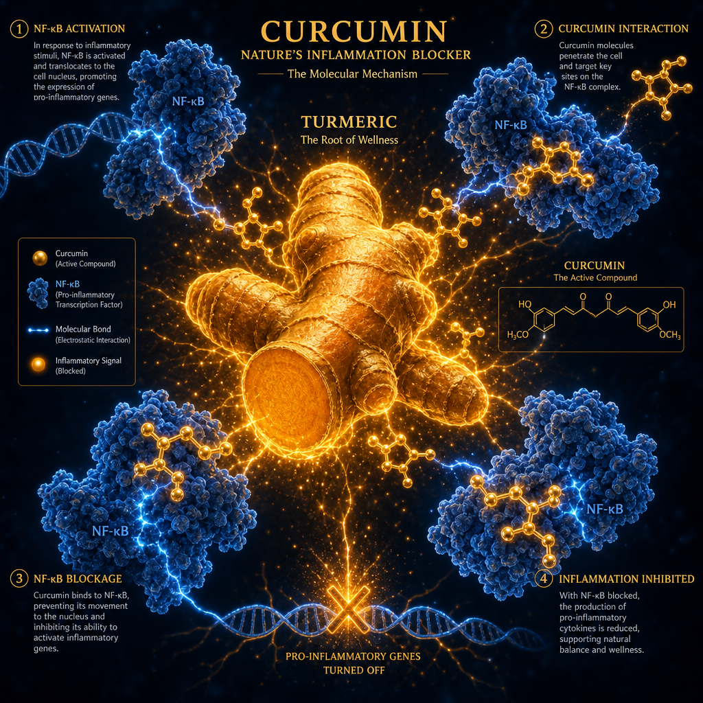 Turmeric curcumin blocking NF-kB inflammation pathway — the molecular mechanism behind curcumin's anti-inflammatory action