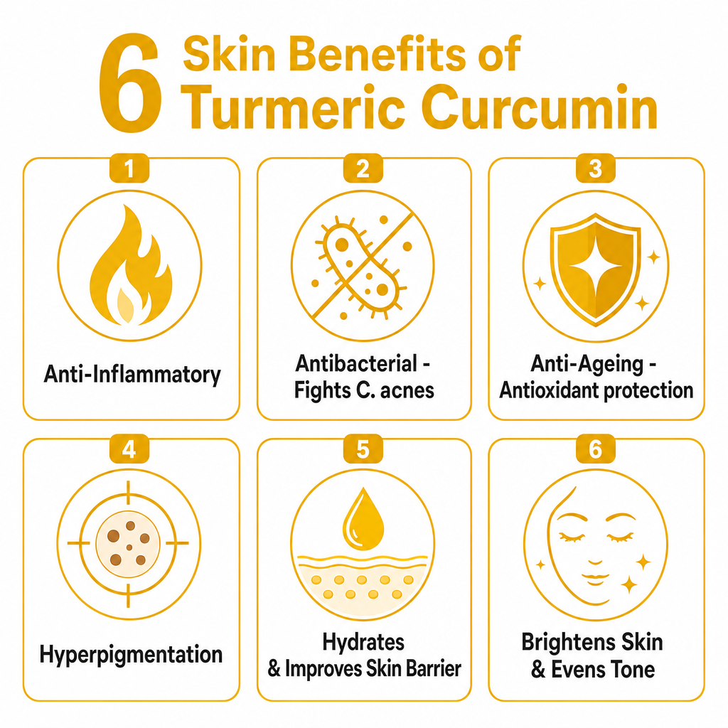 Infographic showing 6 skin benefits of turmeric curcumin including anti-inflammatory, antibacterial, anti-ageing, hyperpigmentation, wound healing, and eczema relief