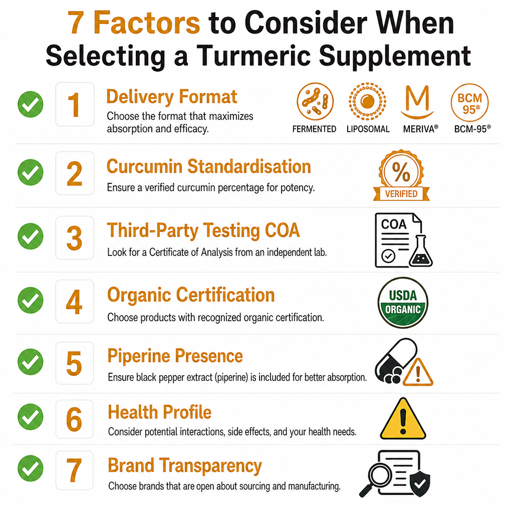 7 factors to consider when selecting a turmeric supplement — delivery format, COA testing, organic certification, piperine safety and brand transparency infographic