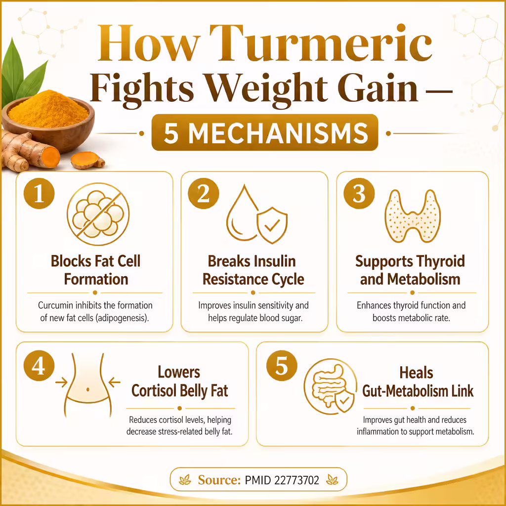 How turmeric supports metabolic health — 5 evidence-based mechanisms infographic