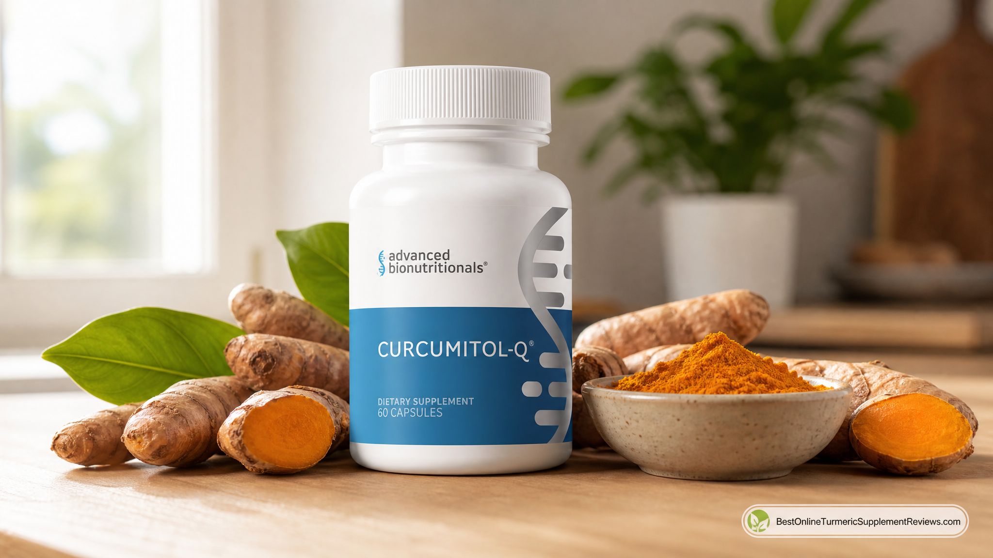 Curcumitol-Q supplement bottle by Advanced Bionutritionals on a light oak kitchen counter with fresh turmeric root and turmeric powder, photographed in natural morning light for an authentic review.