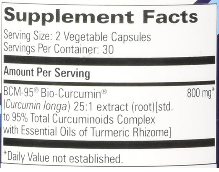 Progressive Labs Curcumin BCM-95 Supplement Facts Panel 800mg per serving
