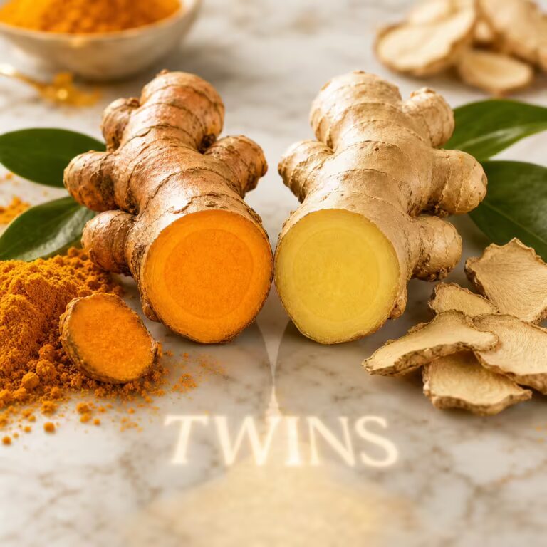 Turmeric root and ginger root side by side - the Zingiberaceae twins with complementary anti-inflammatory science