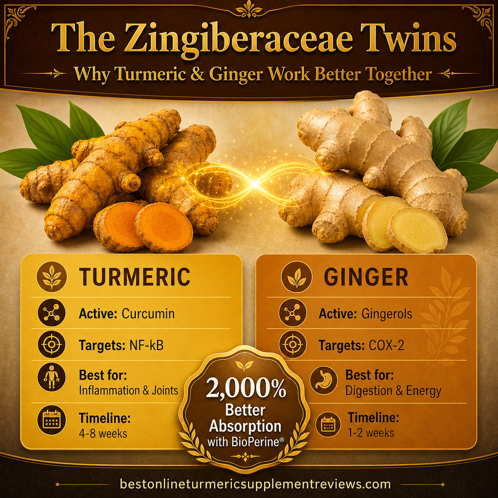 The Zingiberaceae Twins infographic - turmeric vs ginger comparison with key facts and synergy science