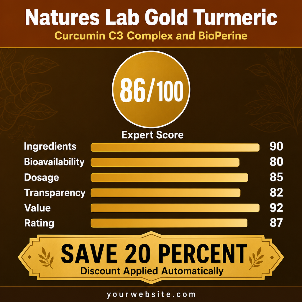 Nature's Lab Gold Turmeric review scorecard pin — save 20% discount