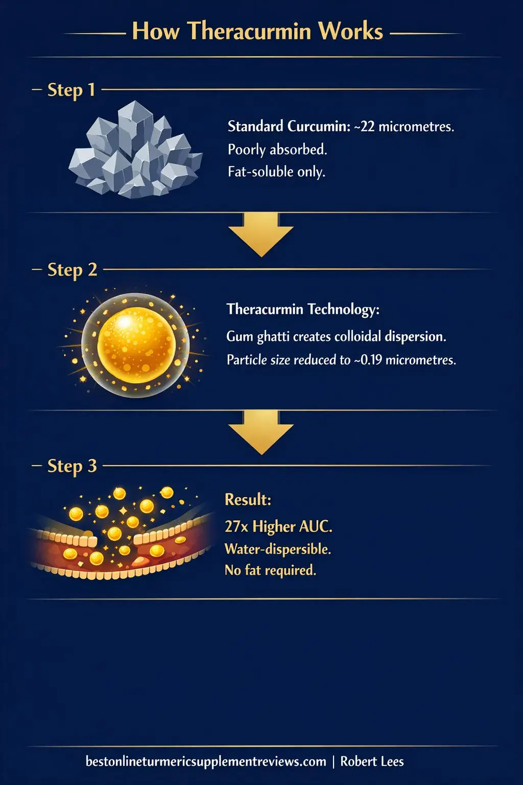 Infographic explaining how Theracurmin's colloidal dispersion technology uses gum ghatti to reduce curcumin particle size for superior absorption